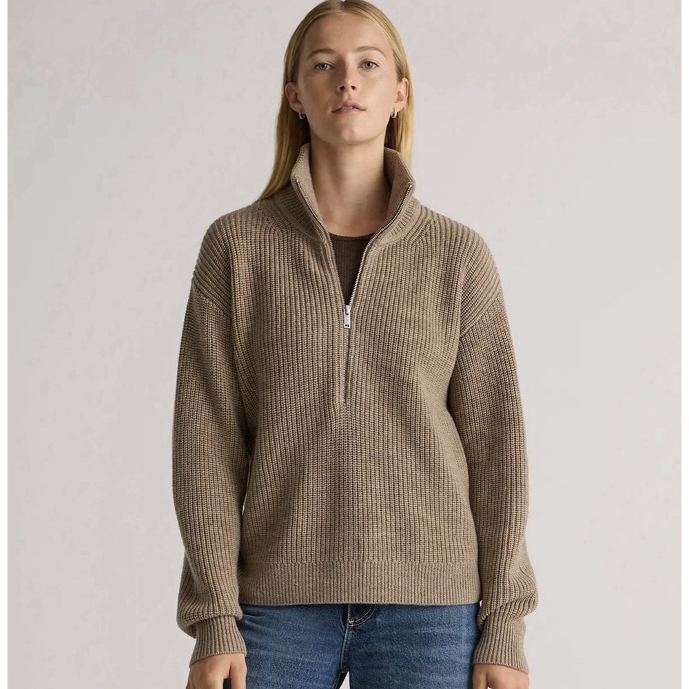 Quince Womens Australian Merino Wool Half Zip Sweater Tan L Neutral Fall Minimal